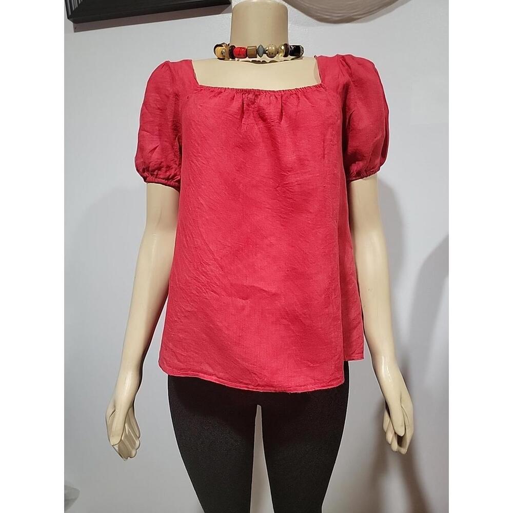 Bellambra 100% Linen Red Size L Made In Italy Puff Sleeve Top Blouse #C